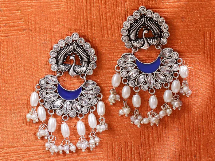 Yellow Chimes German Silver Oxidized Peacock Design Pearl Drop Earring for Women and Girls Yellow Chimes Necklaces