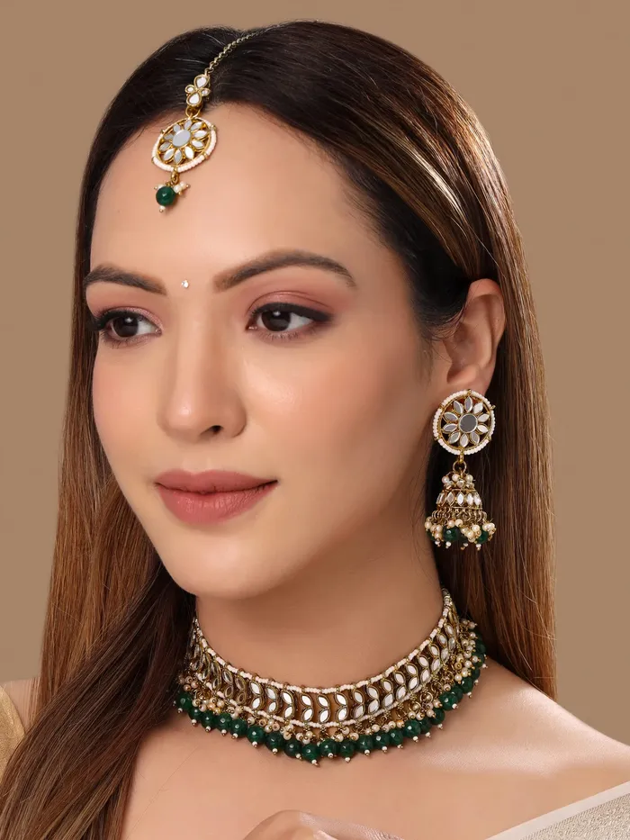Yellow Chimes Jewellery Set for Women and Girls Beads Necklace Set for Women Gold Tone Green Beads Beaded Choker Necklace Set Birthday Gift for girls and women Anniversary Gift for Wife Yellow Chimes Necklaces