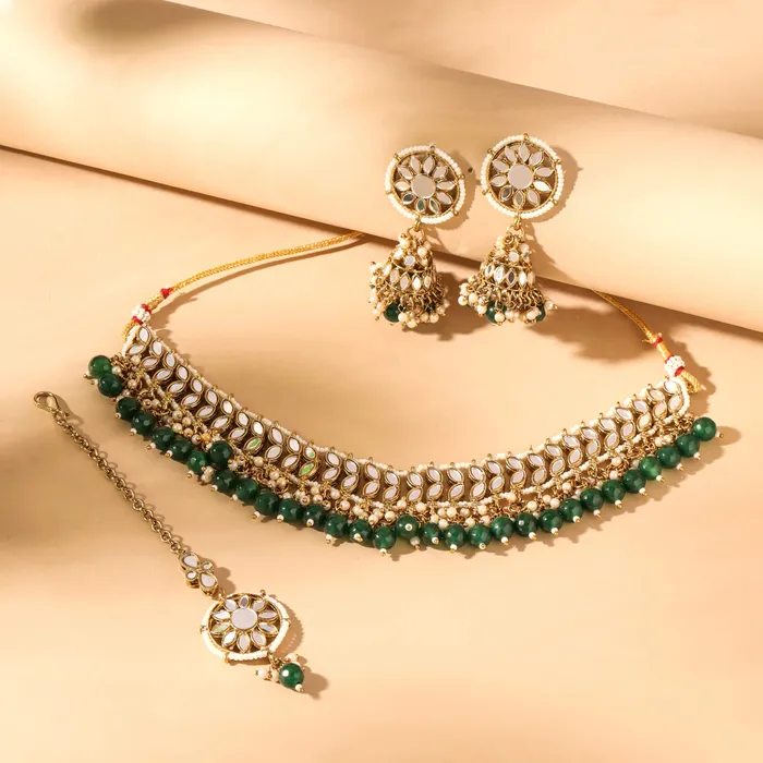 Yellow Chimes Jewellery Set for Women and Girls Beads Necklace Set for Women Gold Tone Green Beads Beaded Choker Necklace Set Birthday Gift for girls and women Anniversary Gift for Wife Yellow Chimes Necklaces
