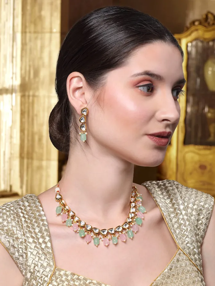 Yellow Chimes Jewellery Set for Women Gold Plated Big Kundan Studded Beads Drop Designed Choker Necklace Set with Earrings for Women and Girls Yellow Chimes Earrings