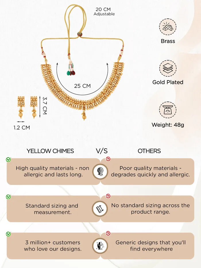 Yellow Chimes Jewellery Set Traditional Necklace with Earrings Gold Plated One Size Golden Yellow Chimes Earrings