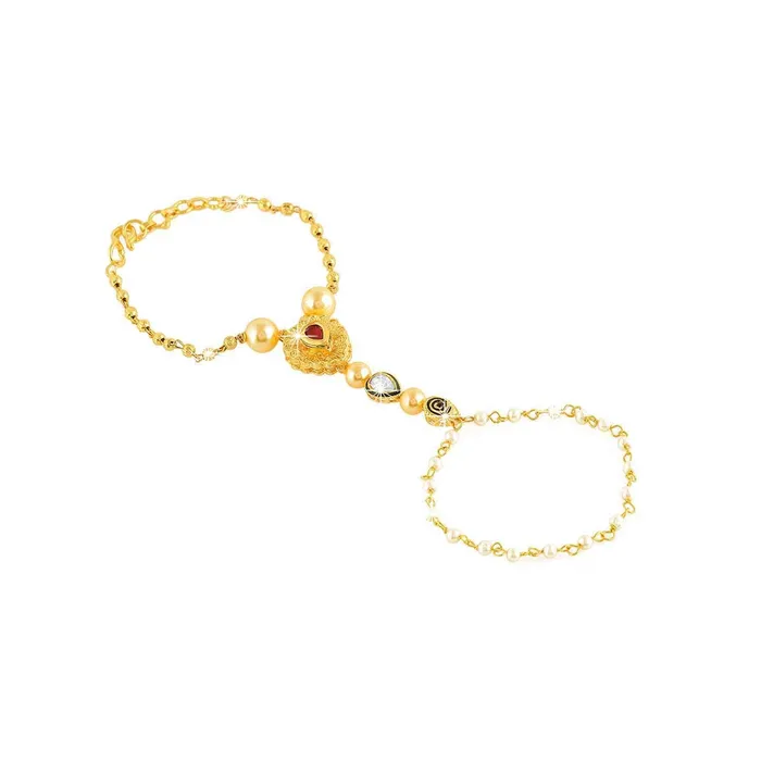 Yellow Chimes Kundan Studded Pearl Gold Plated Hathphool Ring Bracelet for Women and Girls Yellow Chimes Earrings