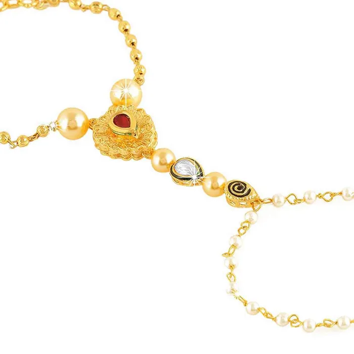 Yellow Chimes Kundan Studded Pearl Gold Plated Hathphool Ring Bracelet for Women and Girls Yellow Chimes Earrings