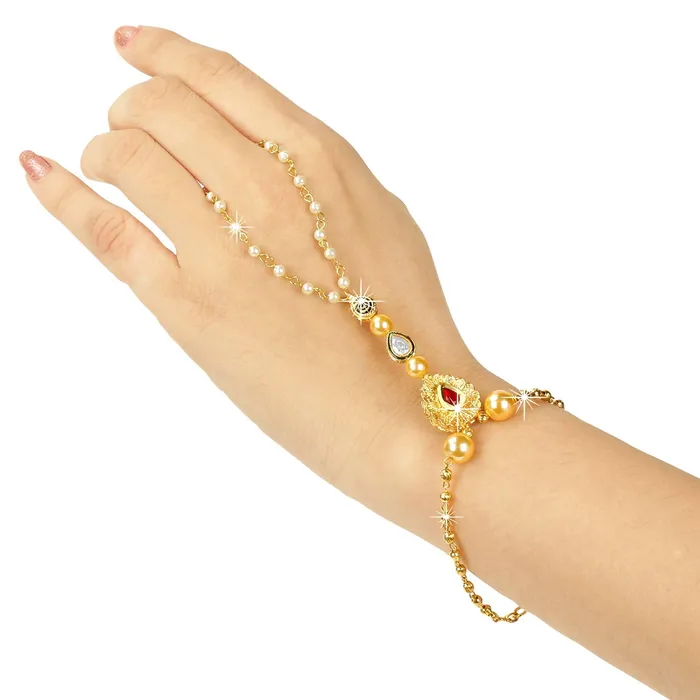 Yellow Chimes Kundan Studded Pearl Gold Plated Hathphool Ring Bracelet for Women and Girls Yellow Chimes Earrings