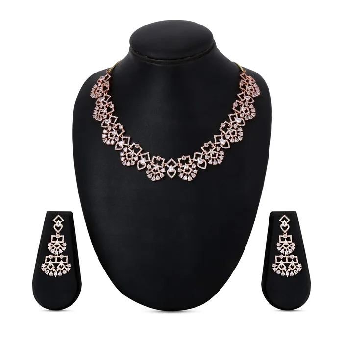 Yellow Chimes Luxurious Looks ADAmerican Diamond Studded Rose Gold Plated Designer Necklace Set Jewellery Set for Women Girls Yellow Chimes Earrings
