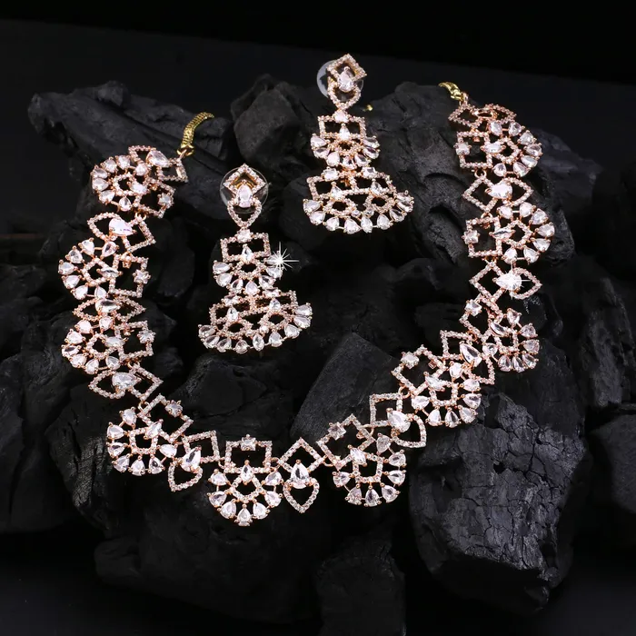 Yellow Chimes Luxurious Looks ADAmerican Diamond Studded Rose Gold Plated Designer Necklace Set Jewellery Set for Women Girls Yellow Chimes Earrings