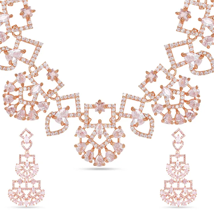 Yellow Chimes Luxurious Looks ADAmerican Diamond Studded Rose Gold Plated Designer Necklace Set Jewellery Set for Women Girls Yellow Chimes Earrings