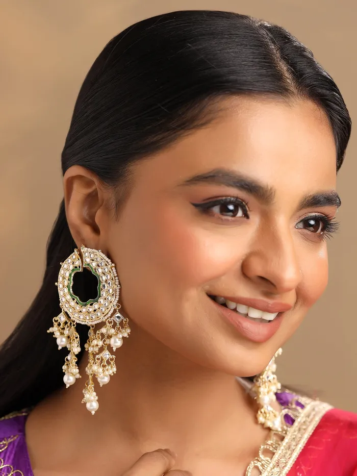 Yellow Chimes Necklaces Chandbali Kundan Pearl Earrings Traditional Gold Plated 1 Pair Elegant Style For Celebrations