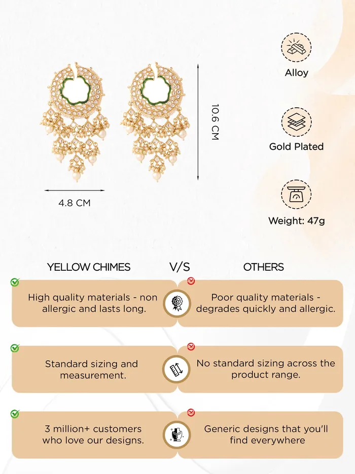 Yellow Chimes Necklaces Chandbali Kundan Pearl Earrings Traditional Gold Plated 1 Pair Elegant Style For Celebrations