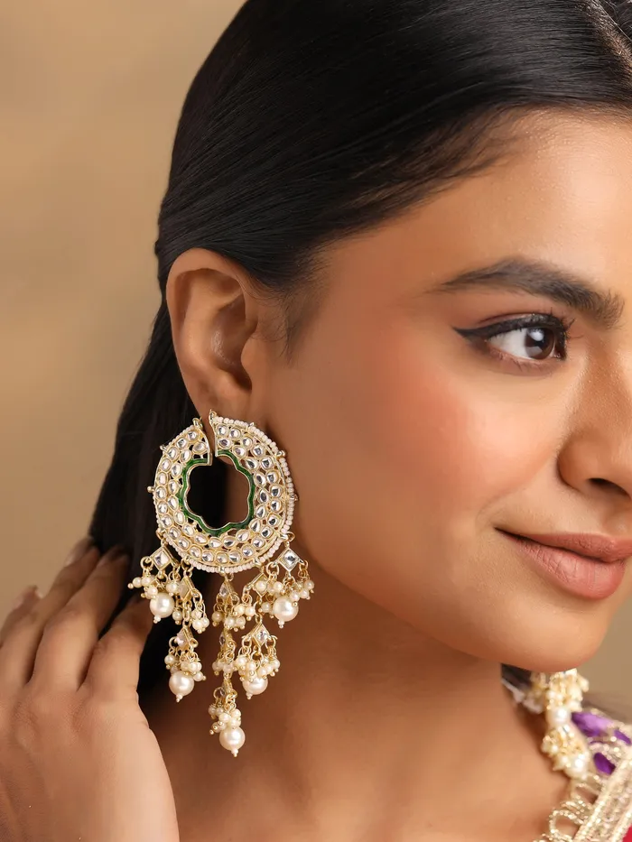 Yellow Chimes Necklaces Chandbali Kundan Pearl Earrings Traditional Gold Plated 1 Pair Elegant Style For Celebrations