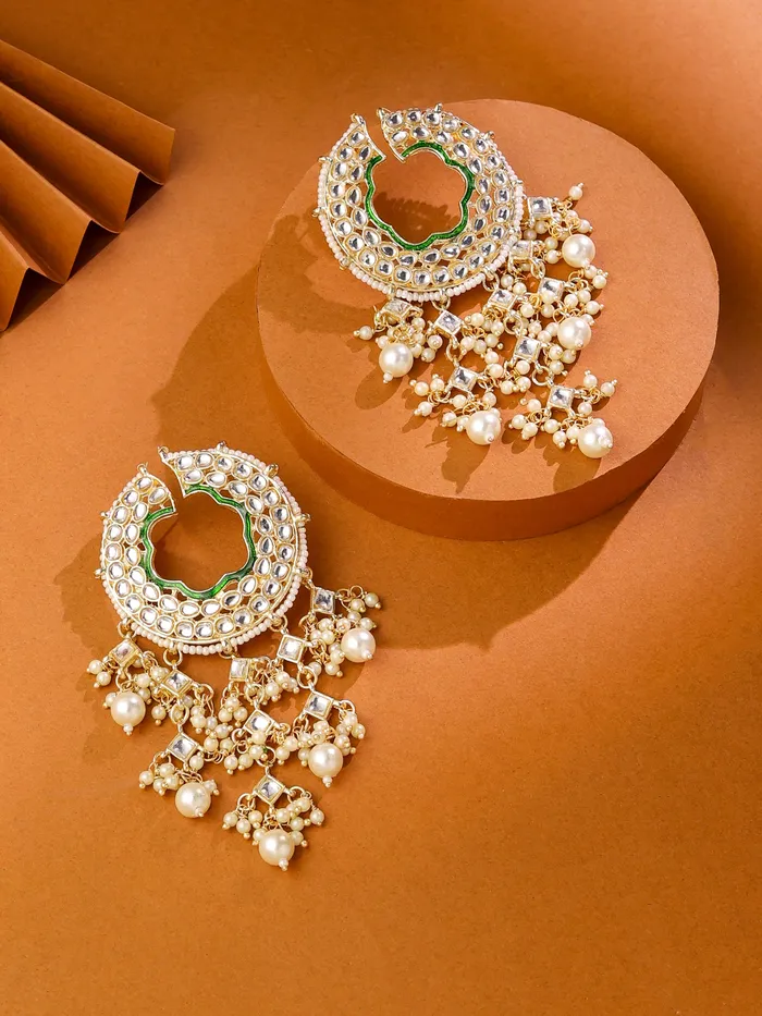 Yellow Chimes Necklaces Chandbali Kundan Pearl Earrings Traditional Gold Plated 1 Pair Elegant Style For Celebrations