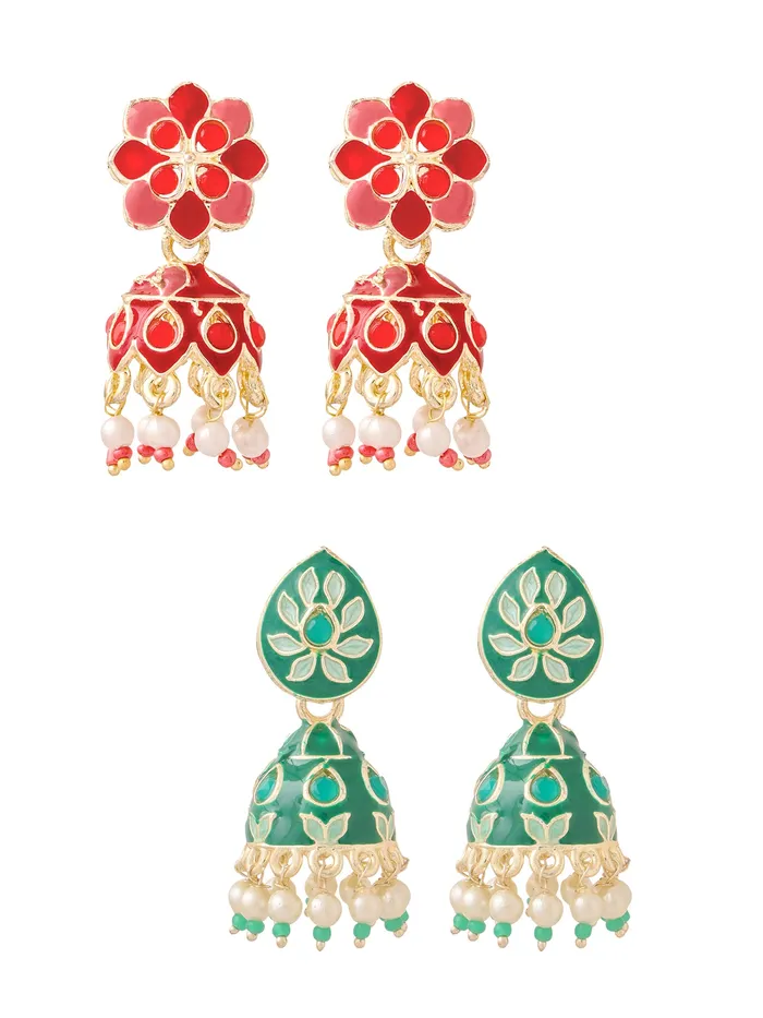 Yellow Chimes Necklaces Combo of 2 Pairs Gold Plated Meenakari Jhumka Earrings Lightweight Traditional Multicolor 44 CM Yellow Chimes Necklaces Combo of 2 Pairs Gold Plated Meenakari Jhumka Earrings Lightweight Traditional Multicolor 44 CM