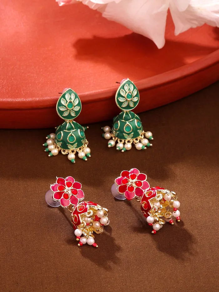 Yellow Chimes Necklaces Combo of 2 Pairs Gold Plated Meenakari Jhumka Earrings Lightweight Traditional Multicolor 44 CM