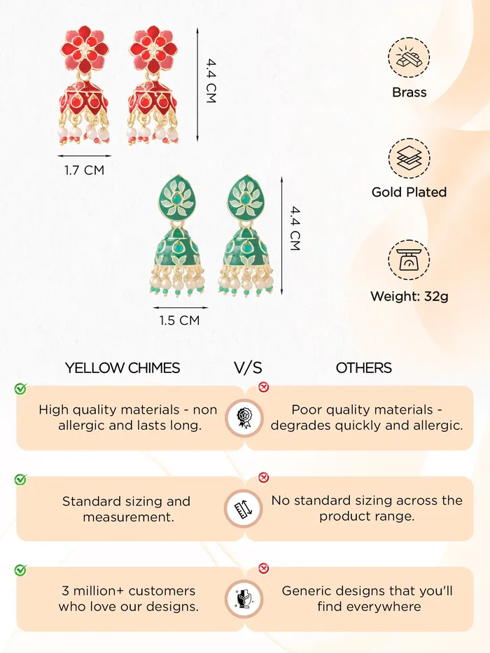 Yellow Chimes Necklaces Combo of 2 Pairs Gold Plated Meenakari Jhumka Earrings Lightweight Traditional Multicolor 44 CM