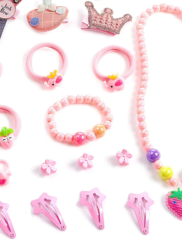 Yellow Chimes Necklaces Melbees by Yellow Chimes Gift Set of Hair Accessories and Jewellery with Gift Box for Kids Girls Pack of 28 Pink Medium YCHASETKD003PK