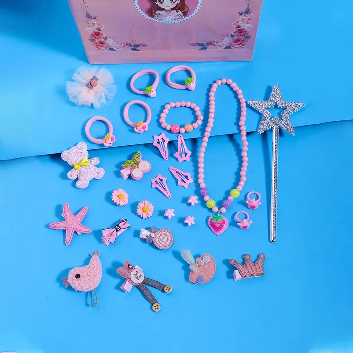 Yellow Chimes Necklaces Melbees by Yellow Chimes Gift Set of Hair Accessories and Jewellery with Gift Box for Kids Girls Pack of 28 Pink Medium YCHASETKD003PK
