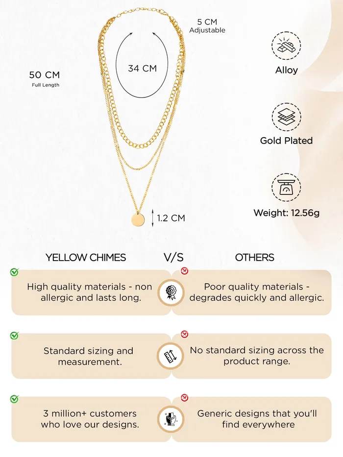 Yellow Chimes Necklaces Multi Layered Choker Necklace Gold Plated Chain Elegant Design Lobster Clasp 46 cm Gold