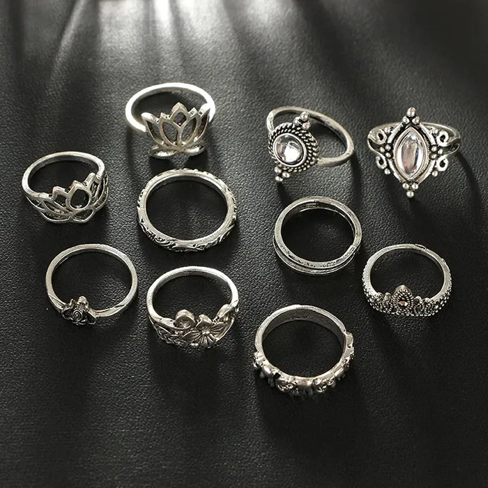 Yellow Chimes Necklaces Yellow Chimes 10 Pieces Combo Flower Design Vintage Style Midi Finger Silver Oxidised Knuckle Rings Set for Women and Girls YCFJRGR193FLORCSL