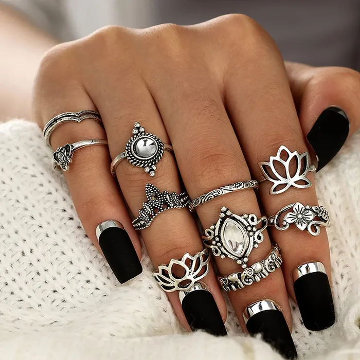 Yellow Chimes Necklaces Yellow Chimes 10 Pieces Combo Flower Design Vintage Style Midi Finger Silver Oxidised Knuckle Rings Set for Women and Girls YCFJRGR193FLORCSL