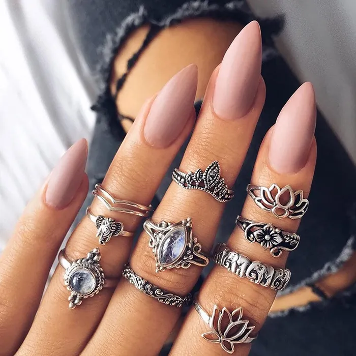 Yellow Chimes Necklaces Yellow Chimes 10 Pieces Combo Flower Design Vintage Style Midi Finger Silver Oxidised Knuckle Rings Set for Women and Girls YCFJRGR193FLORCSL