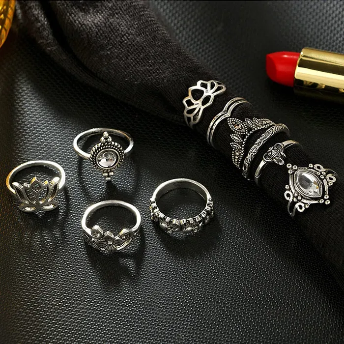 Yellow Chimes Necklaces Yellow Chimes 10 Pieces Combo Flower Design Vintage Style Midi Finger Silver Oxidised Knuckle Rings Set for Women and Girls YCFJRGR193FLORCSL