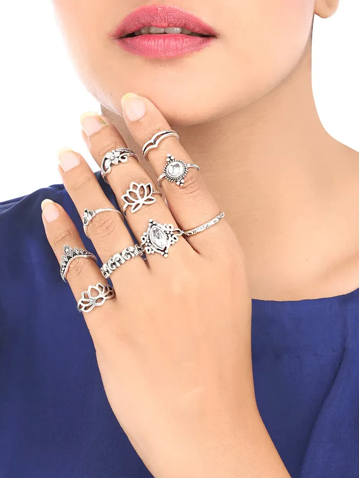 Yellow Chimes Necklaces Yellow Chimes 10 Pieces Combo Flower Design Vintage Style Midi Finger Silver Oxidised Knuckle Rings Set for Women and Girls YCFJRGR193FLORCSL