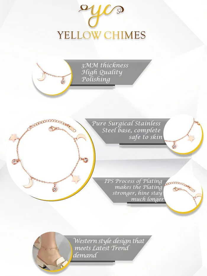 Yellow Chimes Necklaces Yellow Chimes Anklets for Women Rose GoldPlated Stainless Steel Moon Star Charms Anklet For Women and Girls Valentine Gift for Girls