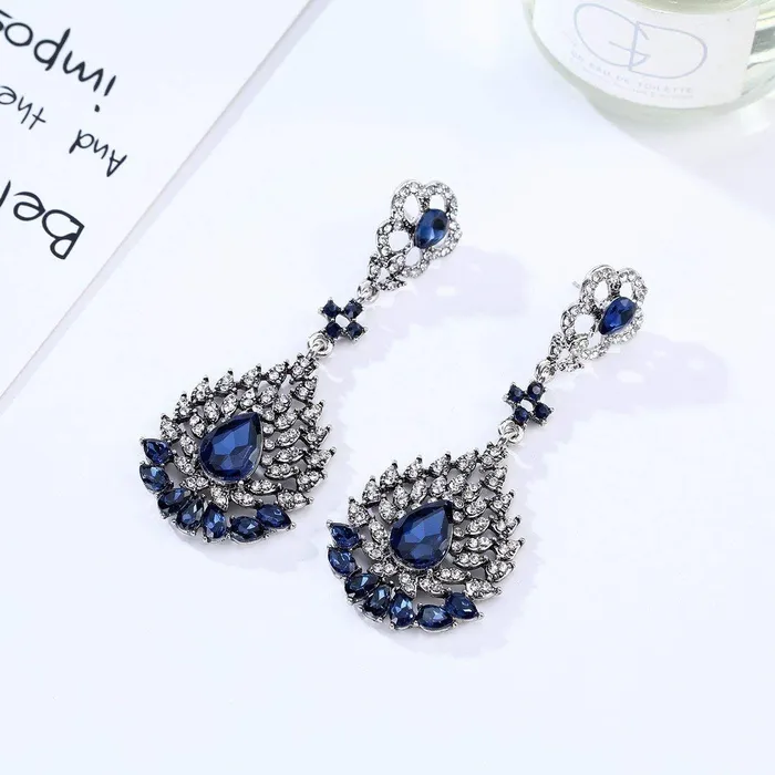 Yellow Chimes Necklaces Yellow Chimes Blue Silver Plated Base Metal Crystal Elements FreshArrival Stunning Floral Design Drop Earrings For Women