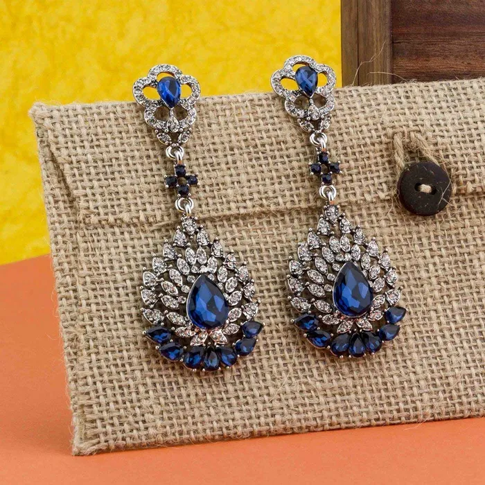 Yellow Chimes Necklaces Yellow Chimes Blue Silver Plated Base Metal Crystal Elements FreshArrival Stunning Floral Design Drop Earrings For Women