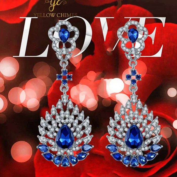 Yellow Chimes Necklaces Yellow Chimes Blue Silver Plated Base Metal Crystal Elements FreshArrival Stunning Floral Design Drop Earrings For Women