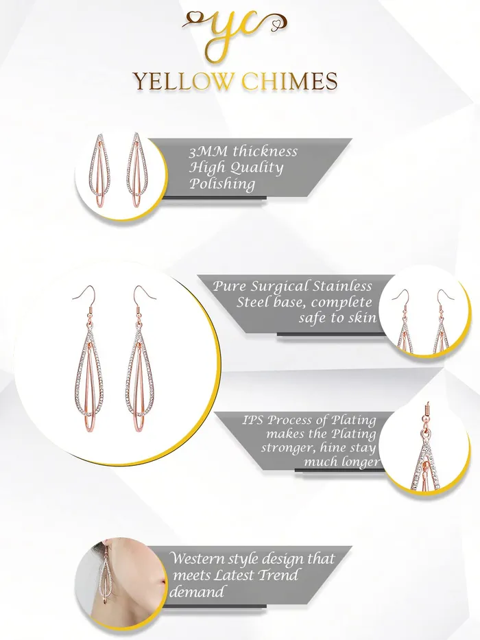 Yellow Chimes Necklaces Yellow Chimes Danglers Earrings for Women Stainless Steel Rose Gold Plated Crystal Studded Dangler Earrings for Women and Girls