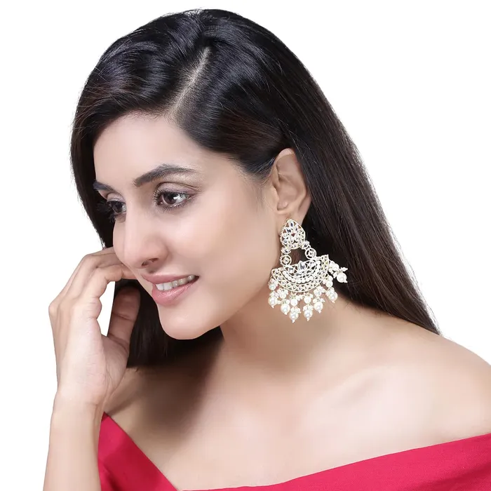 Yellow Chimes Necklaces Yellow Chimes Earrings for Women Gold Toned Kundan Studded Pearl Drop Chandbali Designed Drop Earrings for Women and Girls ER12