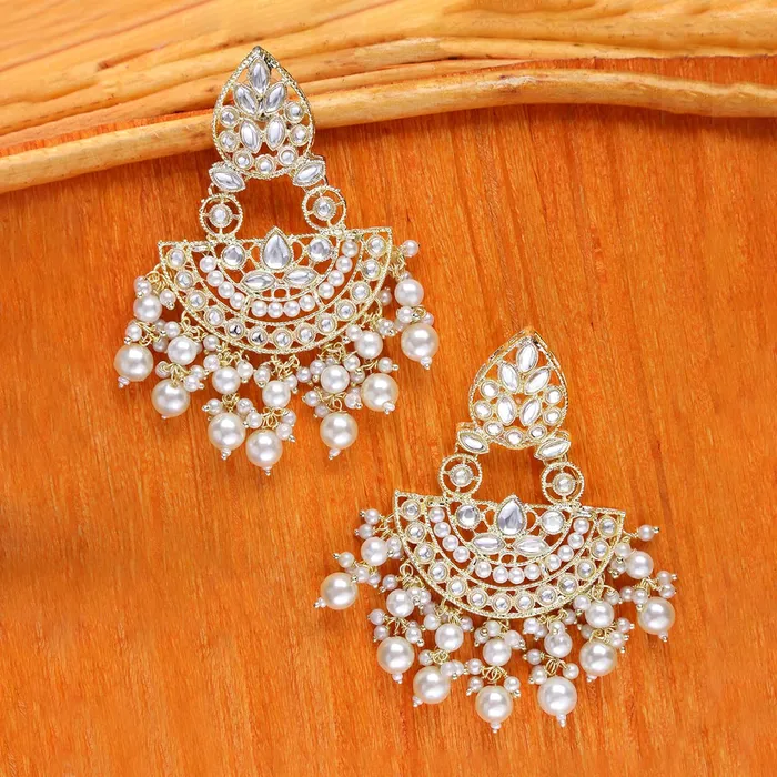 Yellow Chimes Necklaces Yellow Chimes Earrings for Women Gold Toned Kundan Studded Pearl Drop Chandbali Designed Drop Earrings for Women and Girls ER12