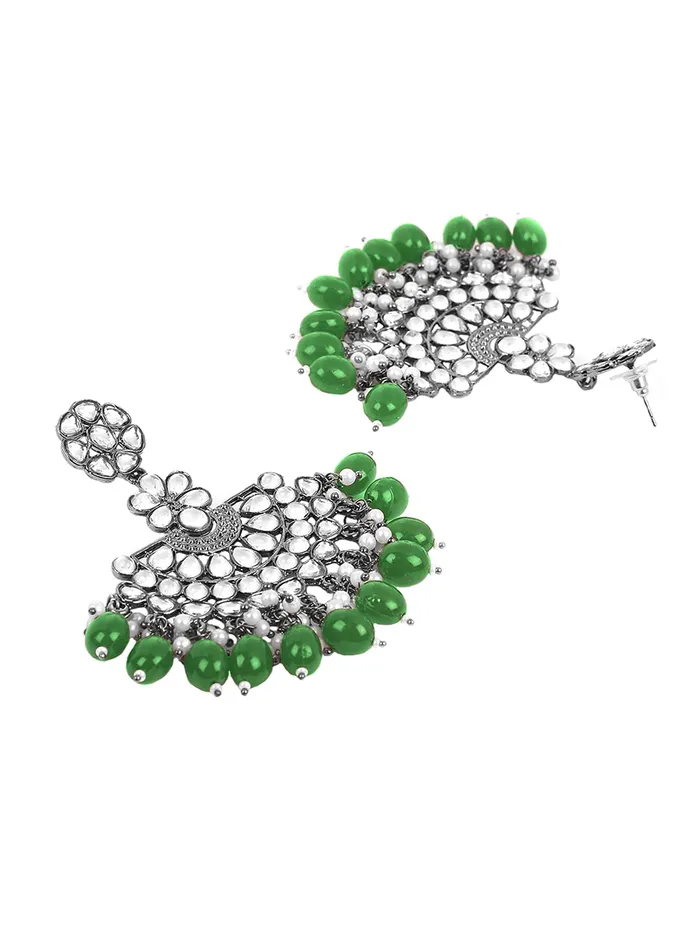 Yellow Chimes Necklaces Yellow Chimes Ethnic Silver Oxidised Floral Design Kundan Studded Green Beads Chandbali Earrings for Women and Girls Silver Green Medium YCTJER93BLKMTKGR