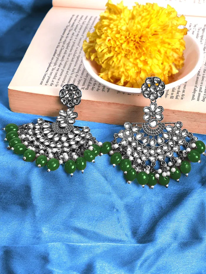 Yellow Chimes Necklaces Yellow Chimes Ethnic Silver Oxidised Floral Design Kundan Studded Green Beads Chandbali Earrings for Women and Girls Silver Green Medium YCTJER93BLKMTKGR
