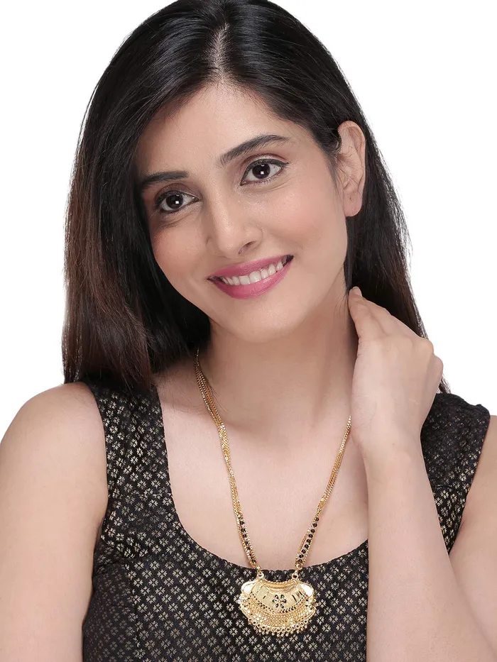 Yellow Chimes Necklaces Yellow Chimes Ethnic Traditional One Gram Gold Glorious Hand Meena Maharashtrian Style Long Chain Black Beads Mangal Sutra TaliTanmaniyaNallapusaluMangalsutra for Women
