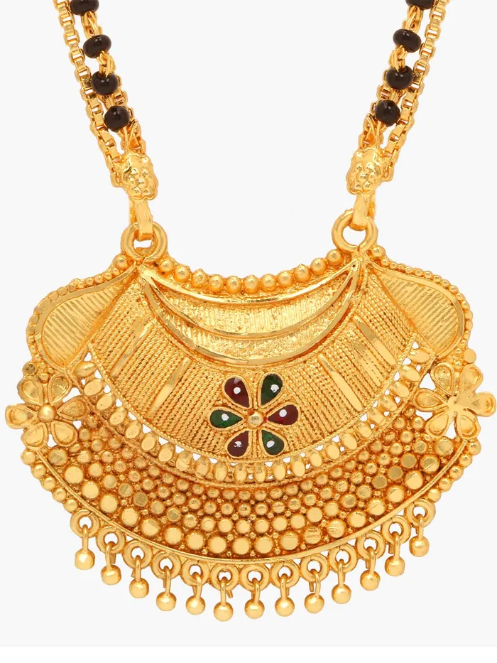 Yellow Chimes Necklaces Yellow Chimes Ethnic Traditional One Gram Gold Glorious Hand Meena Maharashtrian Style Long Chain Black Beads Mangal Sutra TaliTanmaniyaNallapusaluMangalsutra for Women