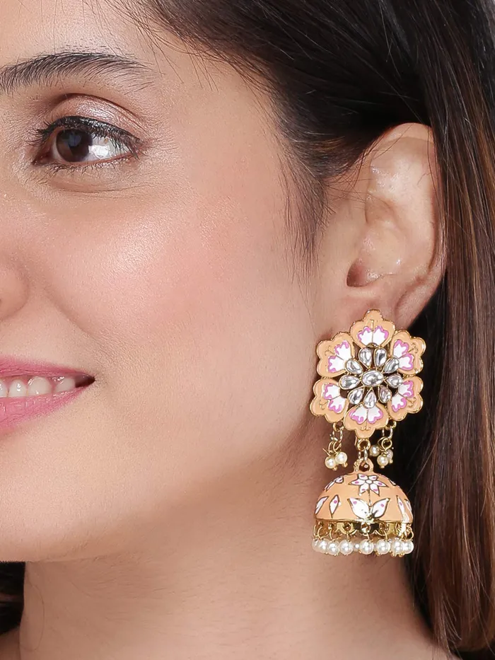 Yellow Chimes Necklaces Yellow Chimes Meenakari Jhumka Earrings Handcrafted Stylish Gold toned Traditional Flower JhumkaJhumki Earrings for Women Girls Peach