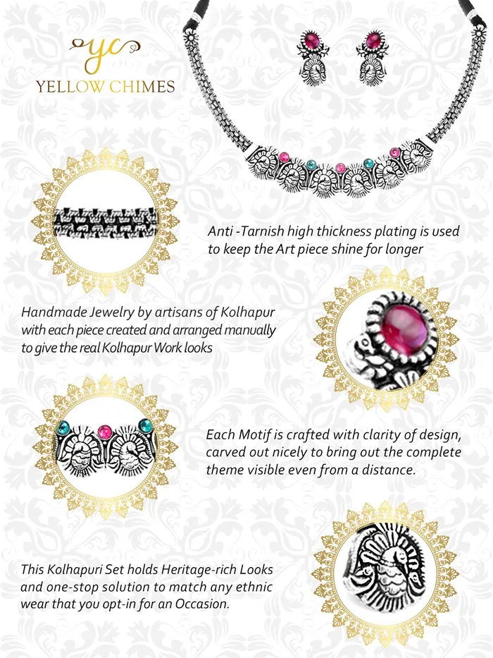 Yellow Chimes Necklaces Yellow Chimes Oxidised Jewellery Set for Women Authentic Kolhapuri Work Handmade Silver Traitional Choker Necklace Sets for Women and Girls