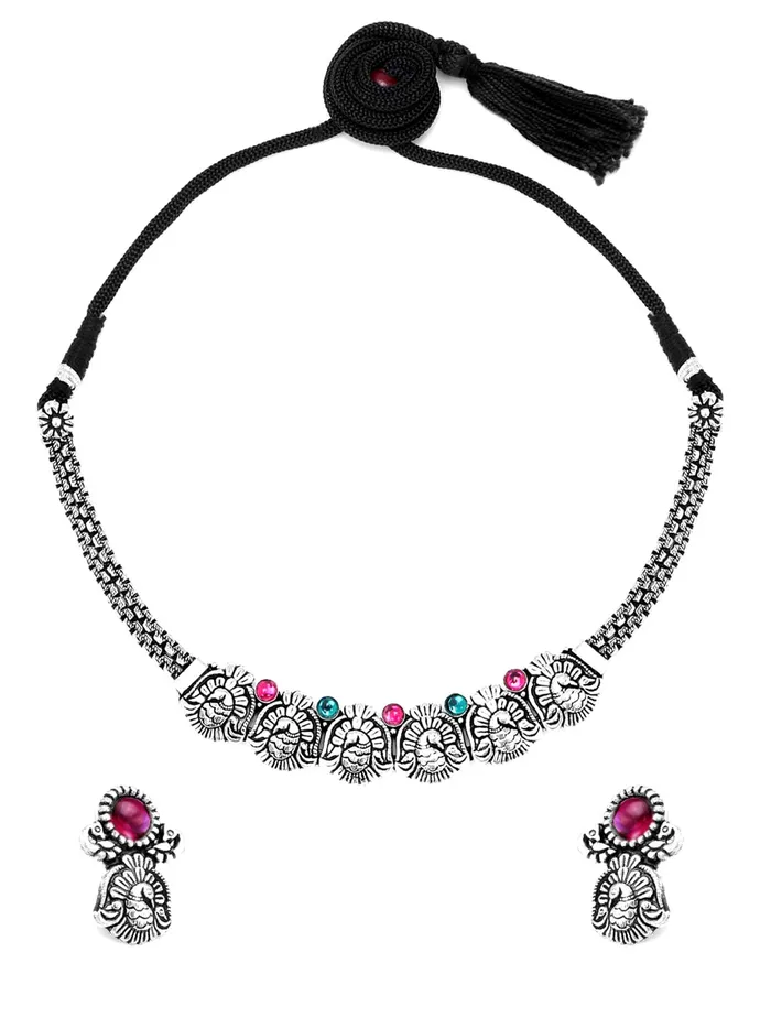 Yellow Chimes Necklaces Yellow Chimes Oxidised Jewellery Set for Women Authentic Kolhapuri Work Handmade Silver Traitional Choker Necklace Sets for Women and Girls