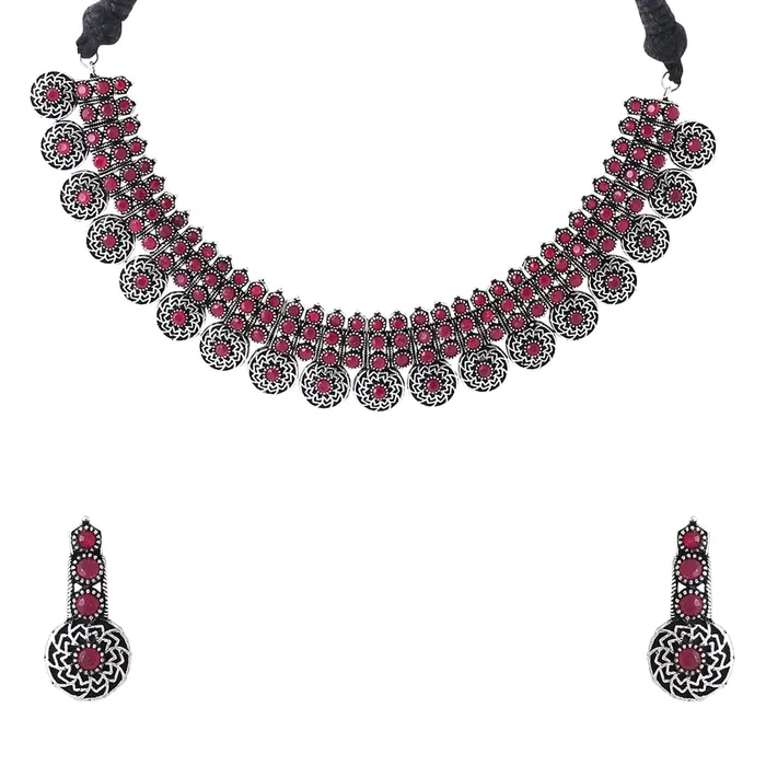 Yellow Chimes Necklaces Yellow Chimes Oxidised Jewellery Set for Women Silver Oxidised Jewelry Studded Pink Stoned Choker Necklace Set With Earrings for Women and Girls Yellow Chimes Necklaces Yellow Chimes Oxidised Jewellery Set for Women Silver Oxidised Jewelry Studded Pink Stoned Choker Necklace Set With Earrings for Women and Girls