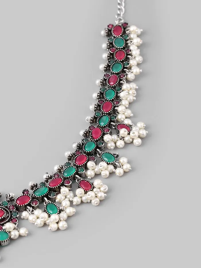 Yellow Chimes Necklaces Yellow Chimes Oxidised Jewellery Set for Women Silver Oxidised Multicolor Studded Stones Choker Necklace Set for Women and Girls
