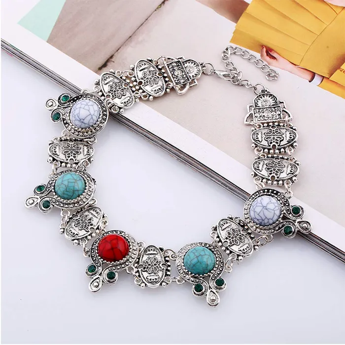 Yellow Chimes Necklaces Yellow Chimes Oxidized Silver Boho Geometric Turquoise Beads Vintage Modern Ethnic Style Collar Choker Necklace For Women And Girls
