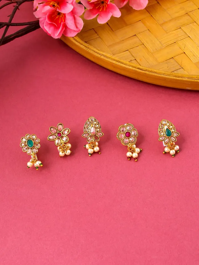 Yellow Chimes Nose Pins for Women Gold Toned PressingNon Piercing Crystal Studded Combo of 5 Pcs Floral Designed Nose Pins for Women and Girls Yellow Chimes Necklaces