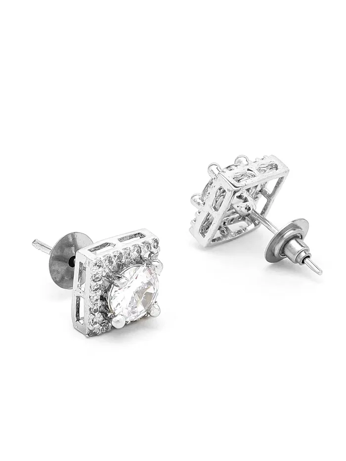 Yellow Chimes Pendant Set for Women Silver Toned ADAmerican Dimaond Crytal Studded Square Shaped Pendant Set with Earrings for Women and Girls Yellow Chimes Necklaces