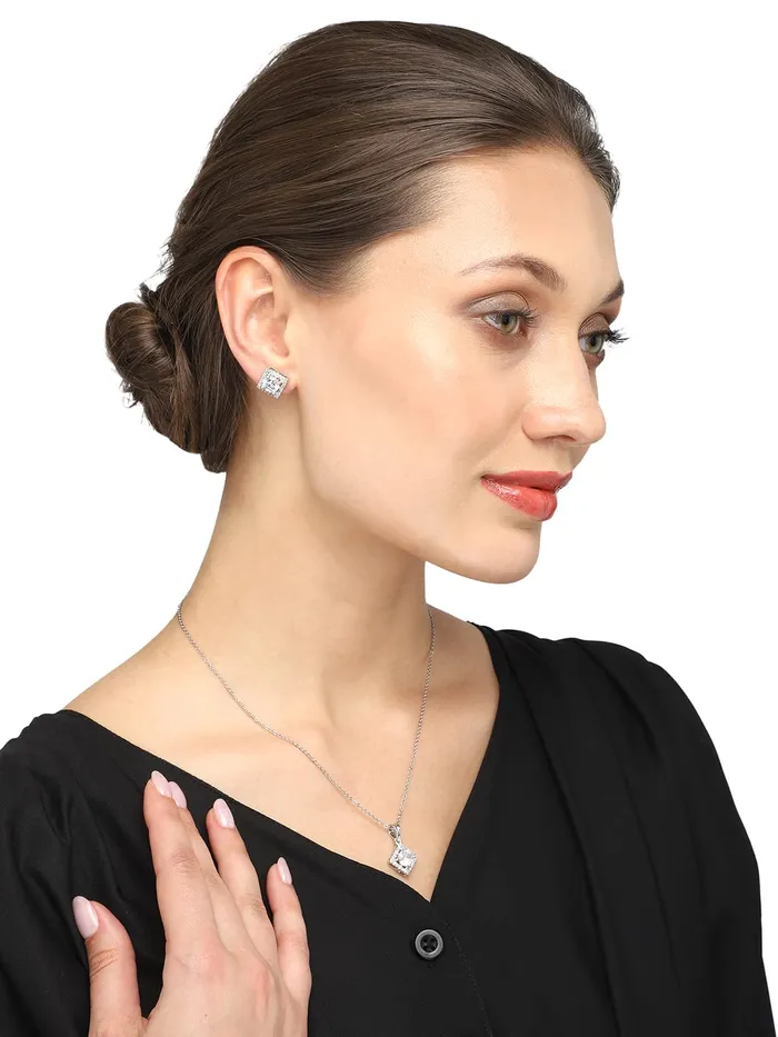 Yellow Chimes Pendant Set for Women Silver Toned ADAmerican Dimaond Crytal Studded Square Shaped Pendant Set with Earrings for Women and Girls Yellow Chimes Necklaces