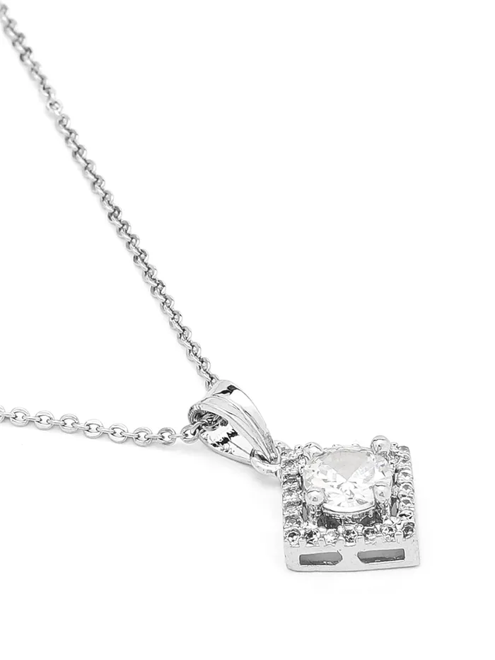 Yellow Chimes Pendant Set for Women Silver Toned ADAmerican Dimaond Crytal Studded Square Shaped Pendant Set with Earrings for Women and Girls Yellow Chimes Necklaces