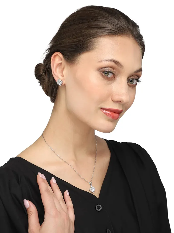 Yellow Chimes Pendant Set for Women Silver Toned ADAmerican Dimaond Crytal Studded Square Shaped Pendant Set with Earrings for Women and Girls Yellow Chimes Necklaces