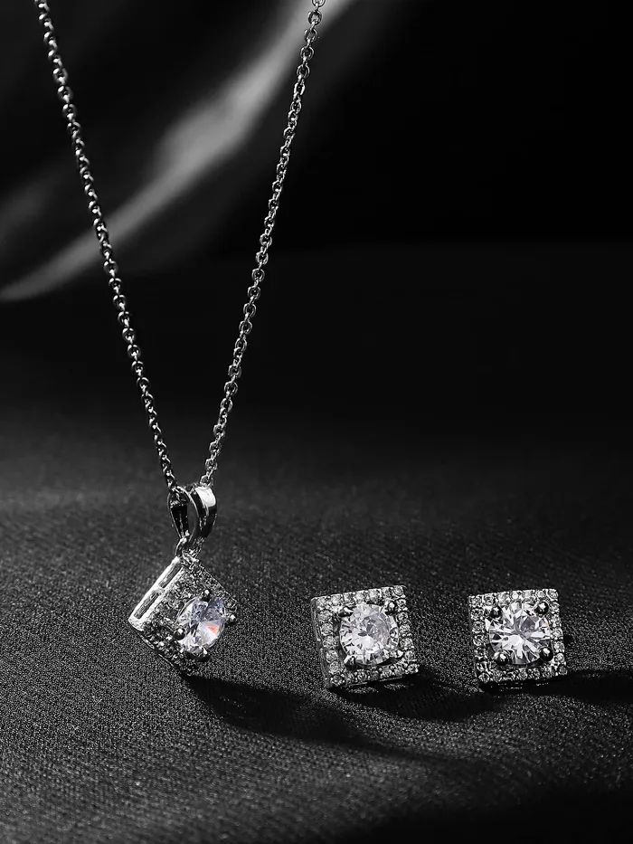 Yellow Chimes Pendant Set for Women Silver Toned ADAmerican Dimaond Crytal Studded Square Shaped Pendant Set with Earrings for Women and Girls Yellow Chimes Necklaces