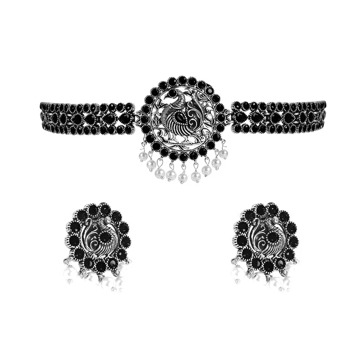 Yellow Chimes PreStyled Sets Yellow Chimes Ethnic German Silver Oxidised Black studded stones Peacock Design Choker Necklace Set Traditional Jewellery Set for Women and Girls Medium YCTJNS55PCKSTNBK Yellow Chimes PreStyled Sets Yellow Chimes Ethnic German Silver Oxidised Black studded stones Peacock Design Choker Necklace Set Traditional Jewellery Set for Women and Girls Medium YCTJNS55PCKSTNBK